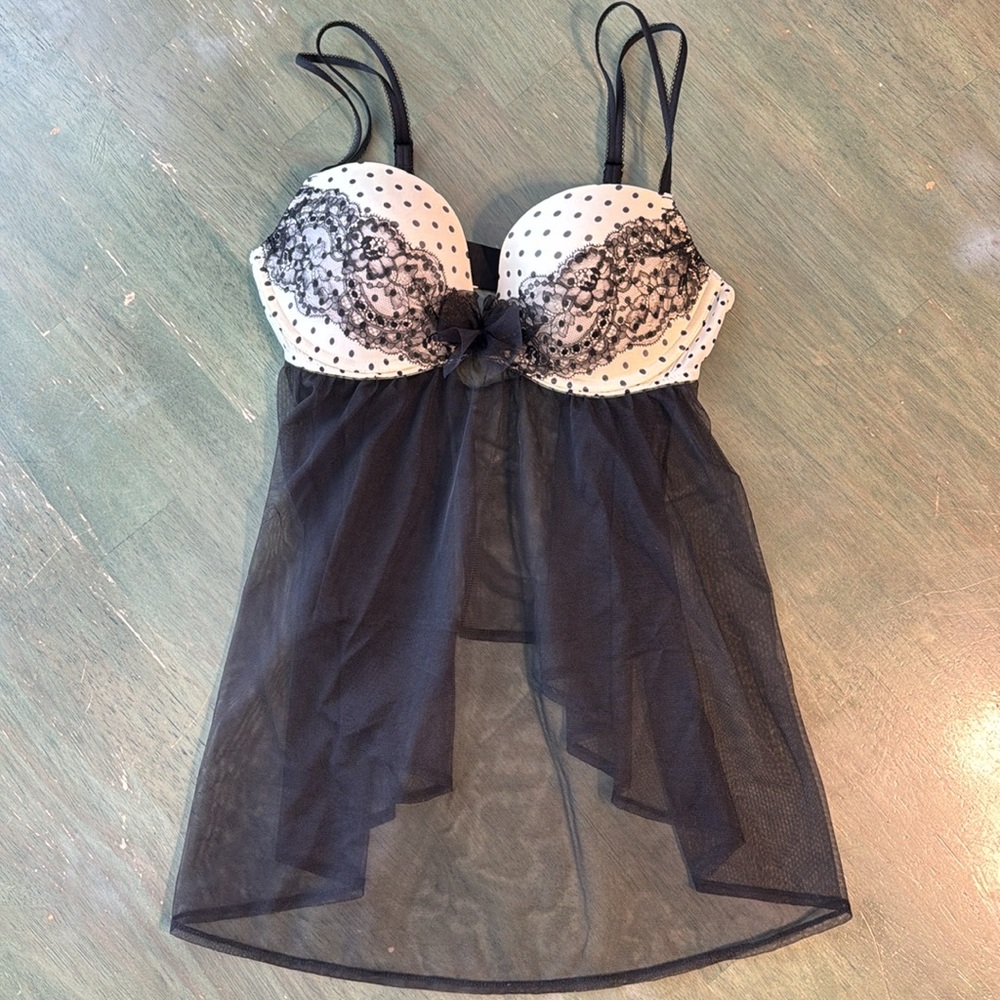 Victorias Secret Lingerie Baby Doll Négligée Black White Polkadot Lace